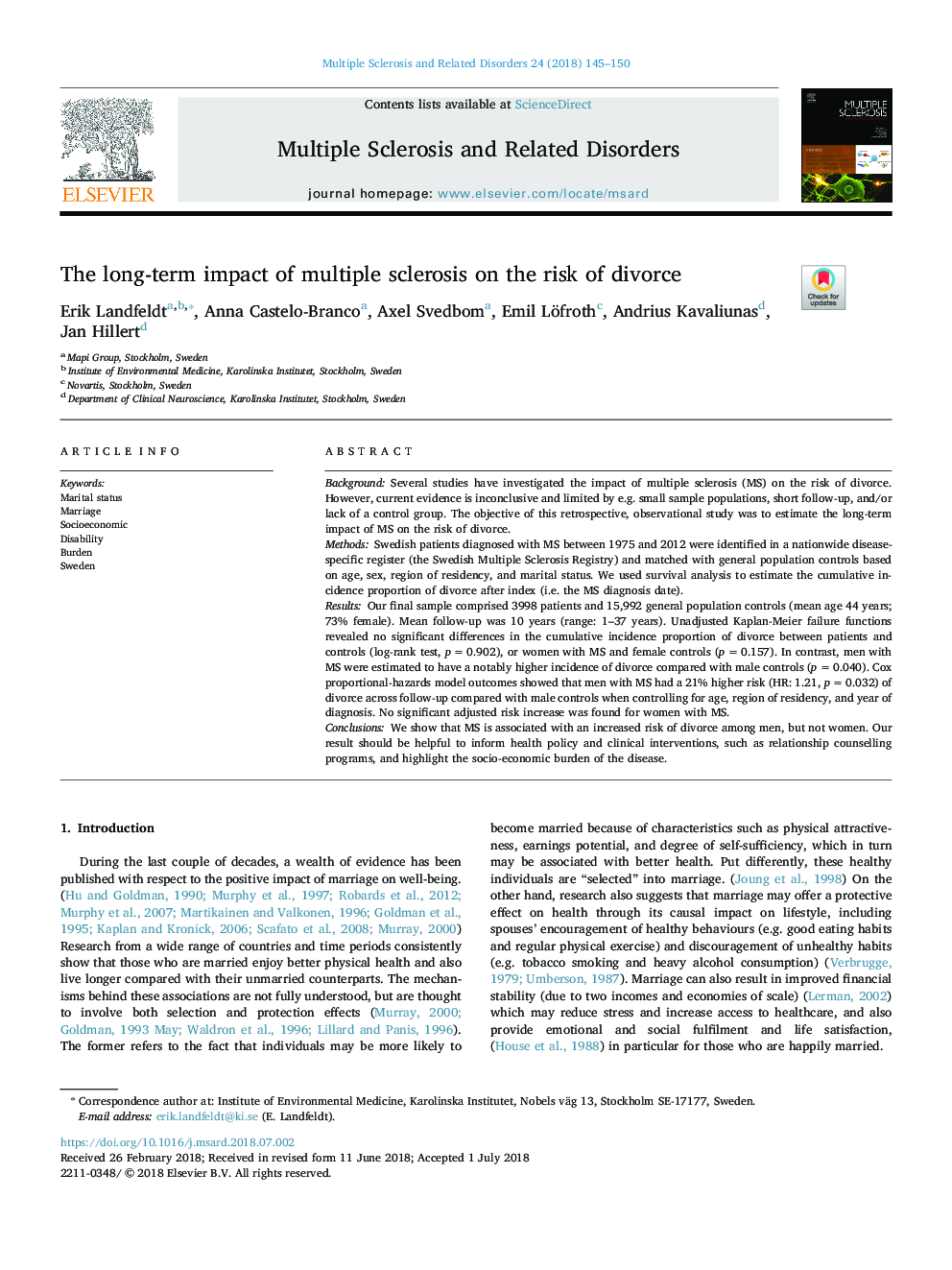 The long-term impact of multiple sclerosis on the risk of divorce