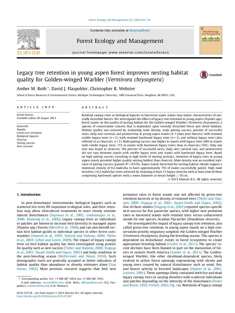 Legacy tree retention in young aspen forest improves nesting habitat quality for Golden-winged Warbler (Vermivora chrysoptera)