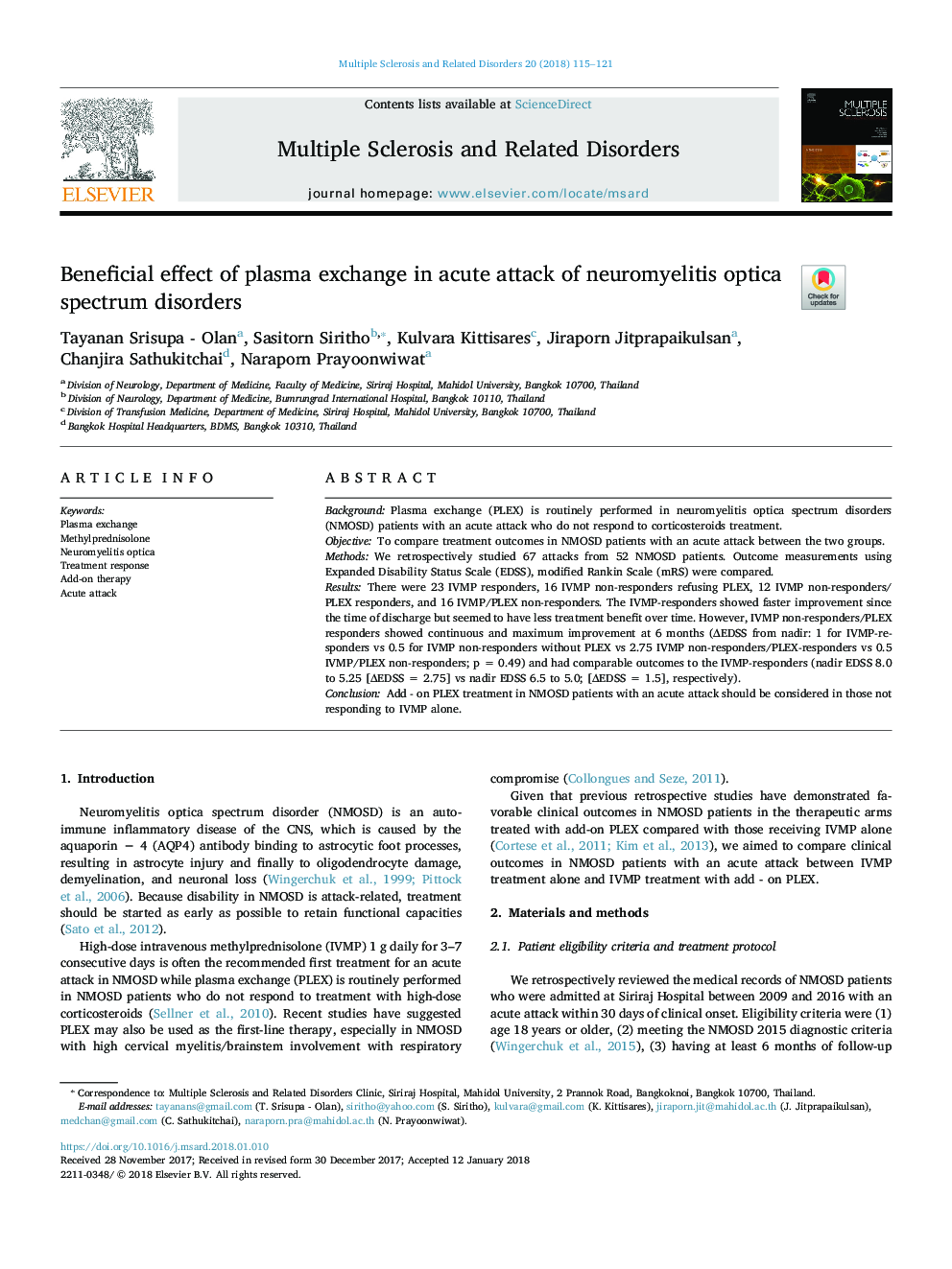 Beneficial effect of plasma exchange in acute attack of neuromyelitis optica spectrum disorders