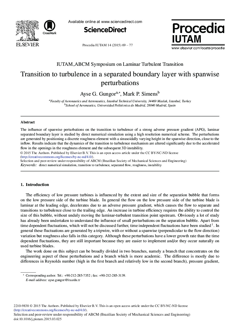 عکس صفحه اول مقاله: Transition to Turbulence in a Separated Boundary Layer With Spanwise Perturbations Transition to Turbulence in a Separated Boundary Layer With Spanwise Perturbations