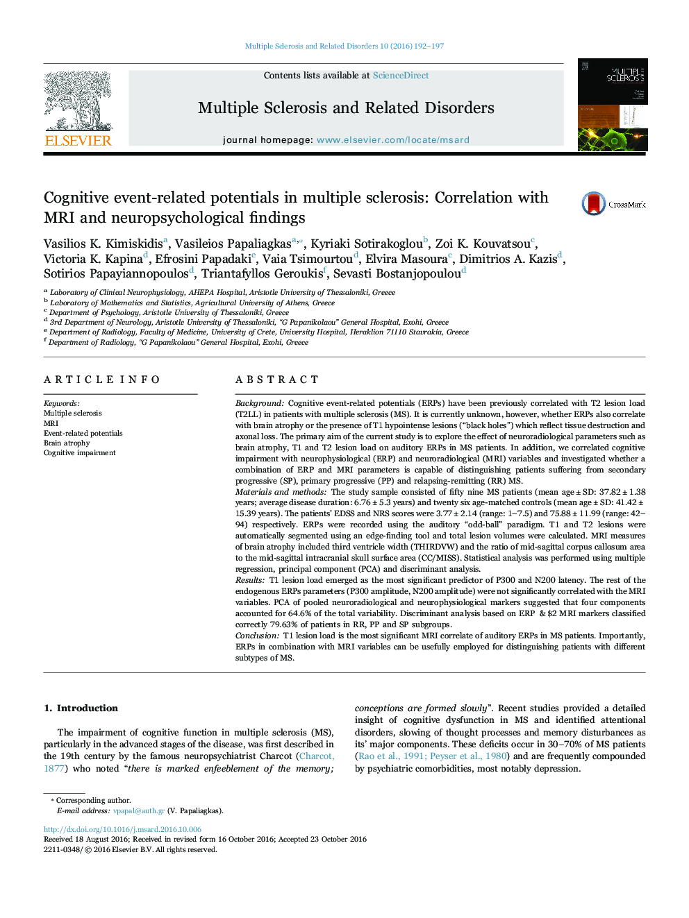 Cognitive event-related potentials in multiple sclerosis: Correlation with MRI and neuropsychological findings