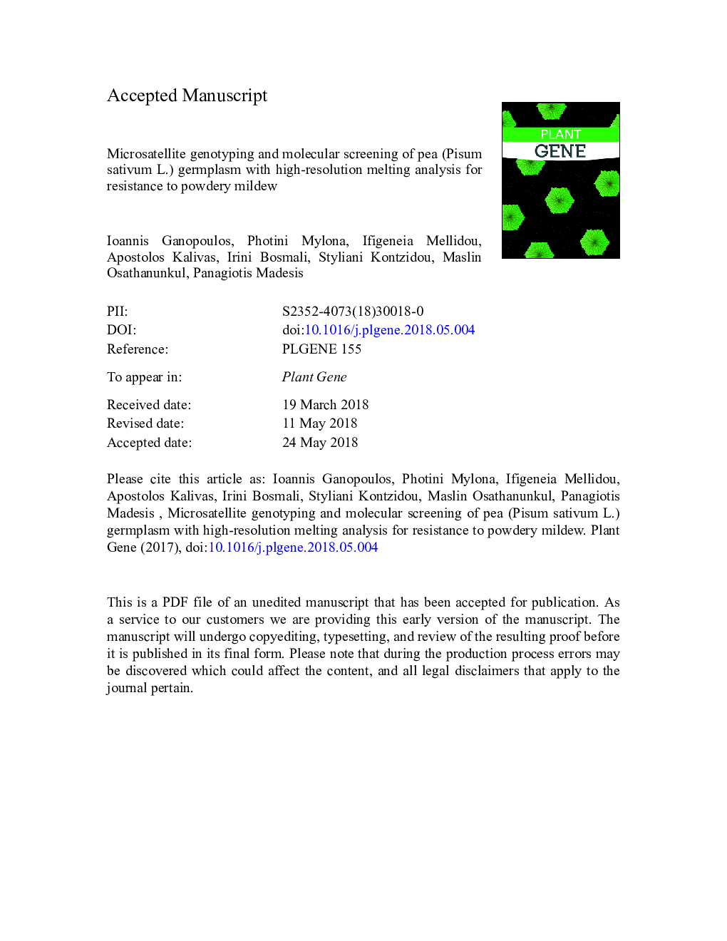 Microsatellite genotyping and molecular screening of pea (Pisum sativum L.) germplasm with high-resolution melting analysis for resistance to powdery mildew