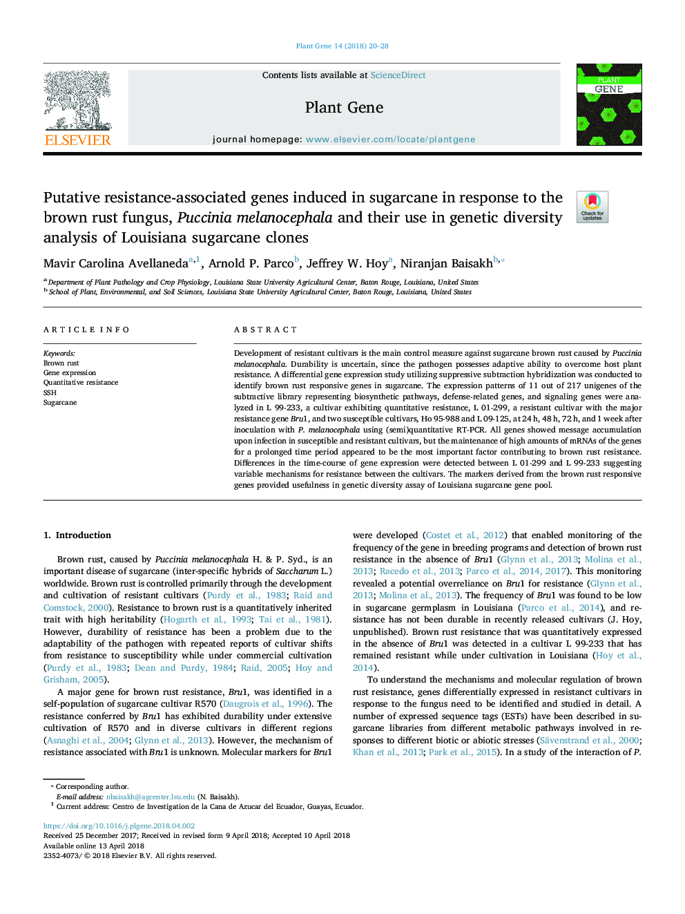 Putative resistance-associated genes induced in sugarcane in response to the brown rust fungus, Puccinia melanocephala and their use in genetic diversity analysis of Louisiana sugarcane clones