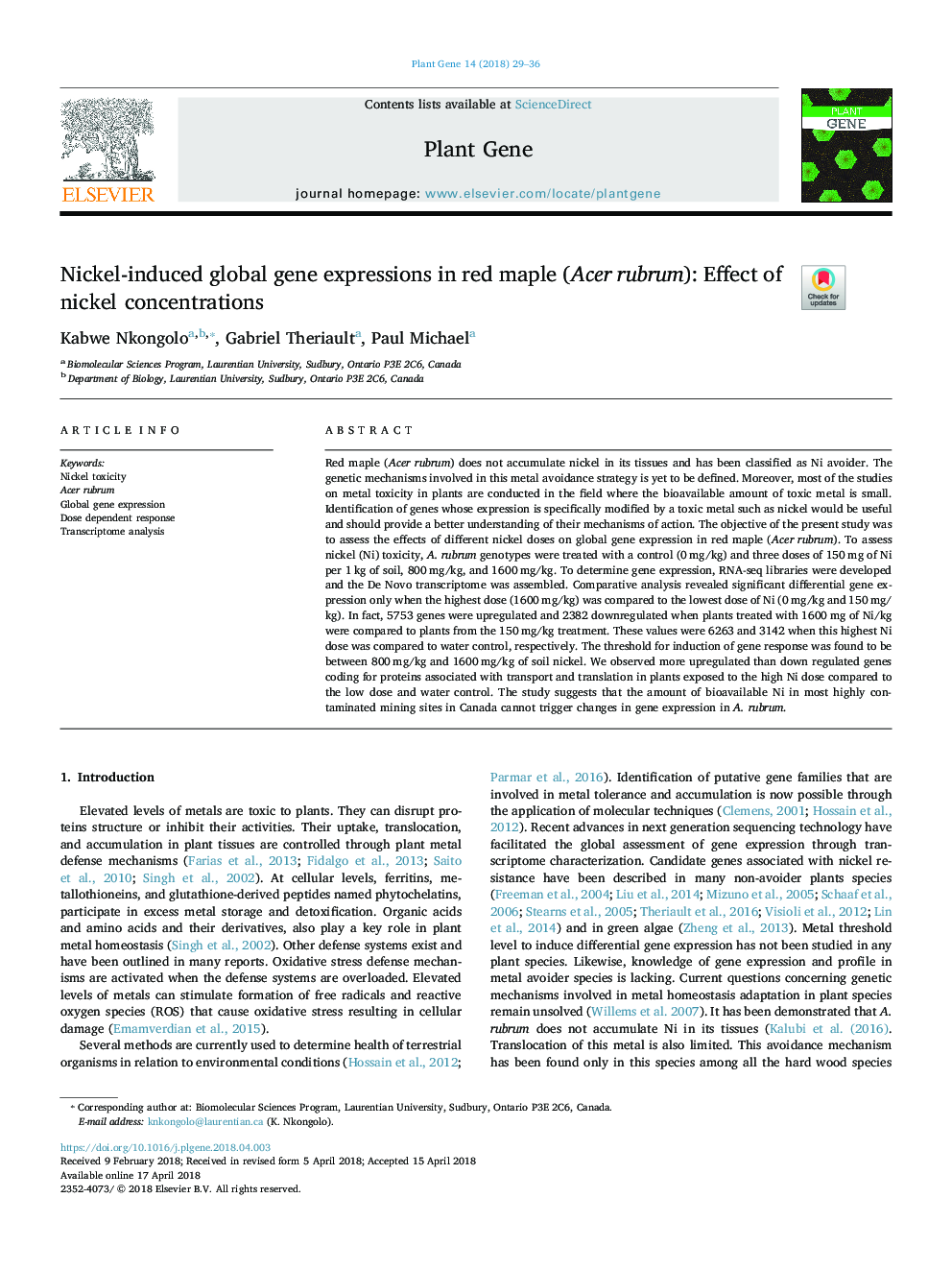 Nickel-induced global gene expressions in red maple (Acer rubrum): Effect of nickel concentrations