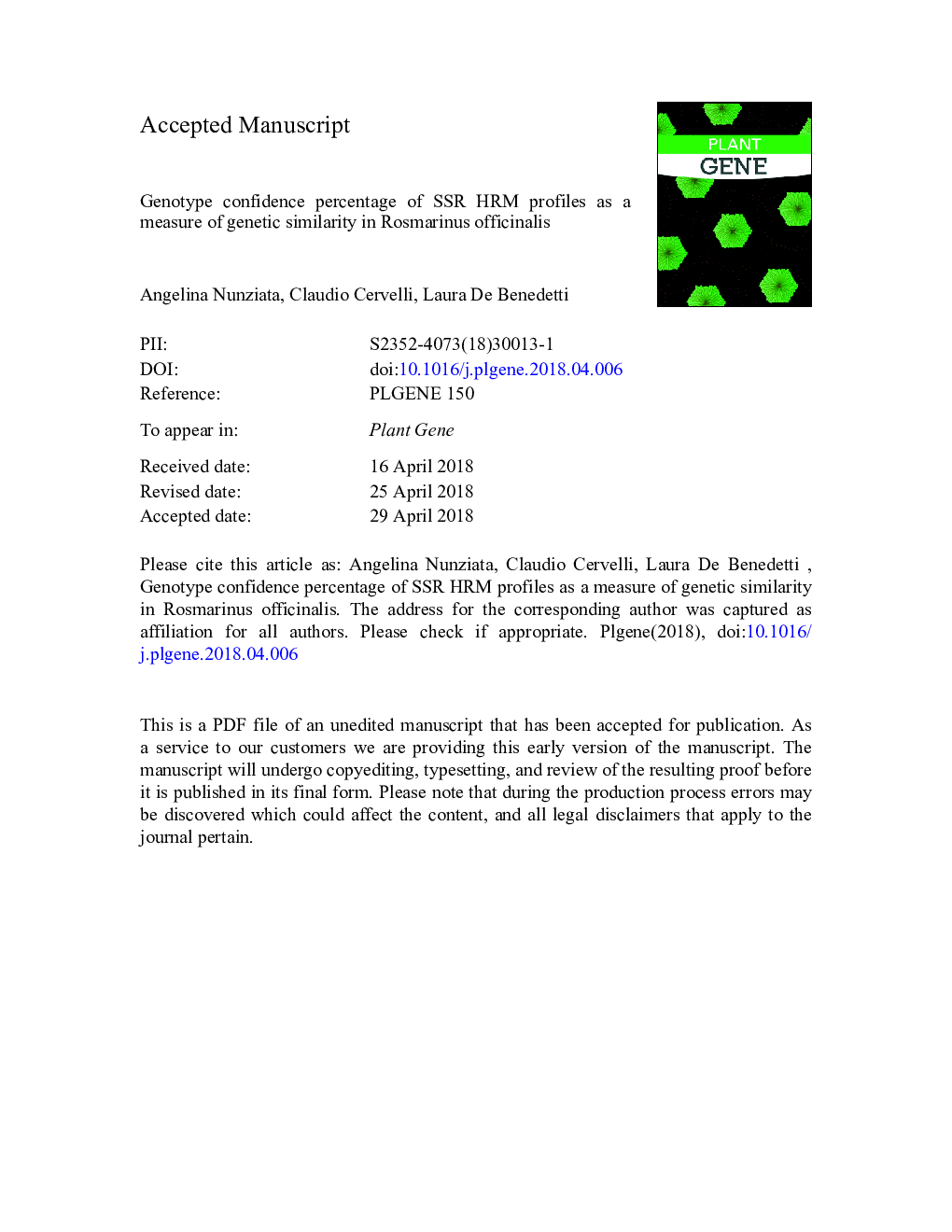 Genotype confidence percentage of SSR HRM profiles as a measure of genetic similarity in Rosmarinus officinalis