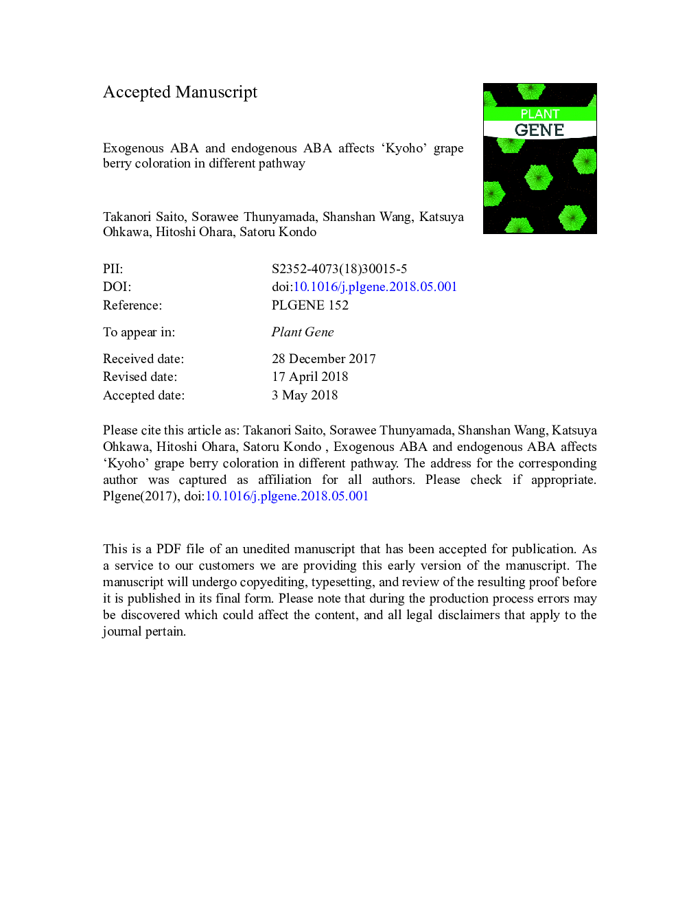 Exogenous ABA and endogenous ABA affects 'Kyoho' grape berry coloration in different pathway