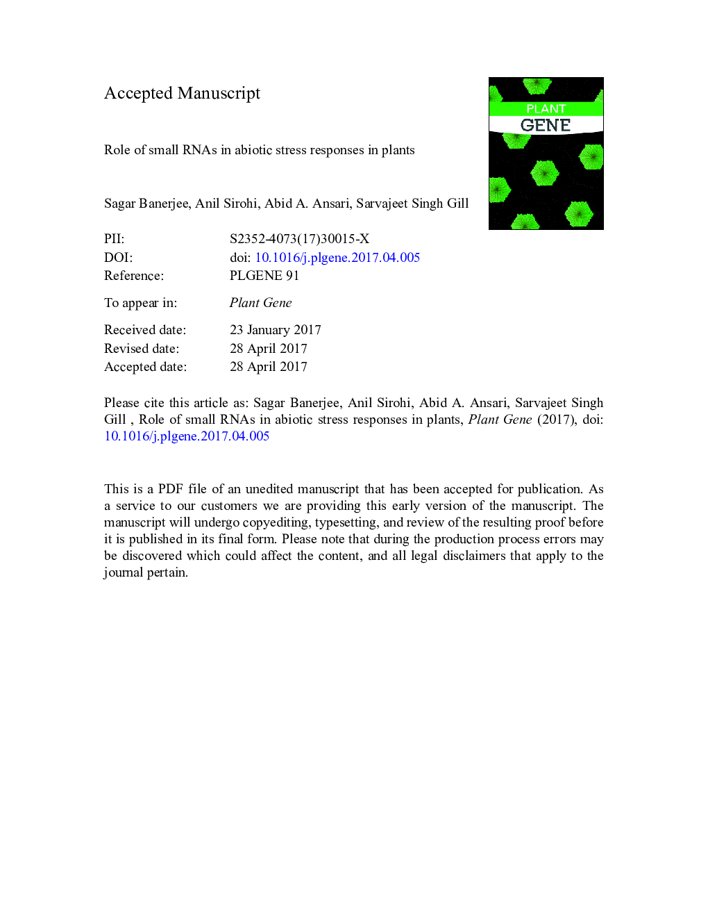 Role of small RNAs in abiotic stress responses in plants