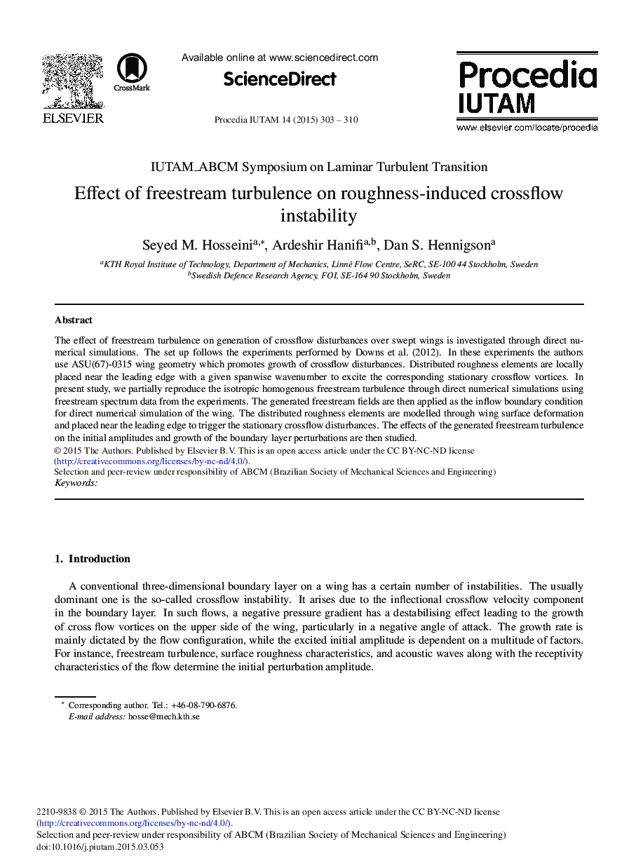 عکس صفحه اول مقاله: Effect of Freestream Turbulence on Roughness-induced Crossflow Instability Effect of Freestream Turbulence on Roughness-induced Crossflow Instability