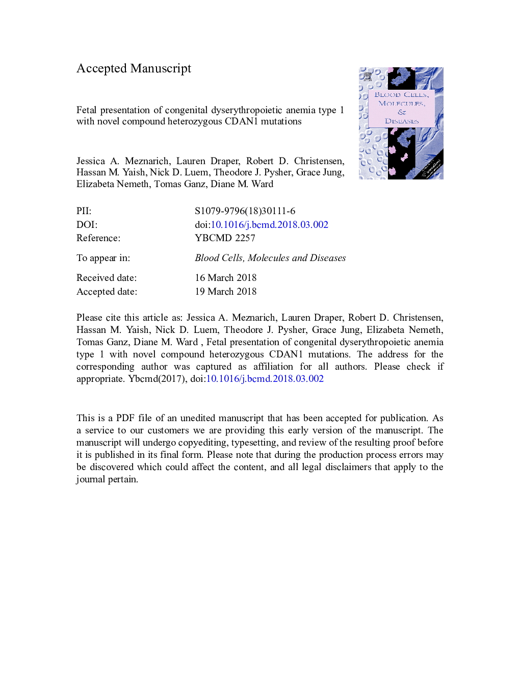 Fetal presentation of congenital dyserythropoietic anemia type 1 with novel compound heterozygous CDAN1 mutations