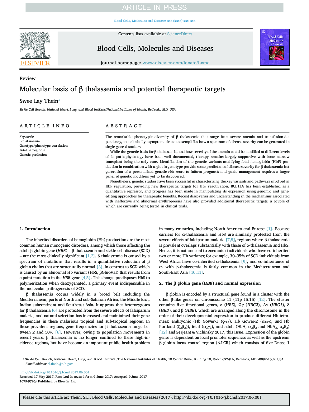 Molecular basis of Î² thalassemia and potential therapeutic targets