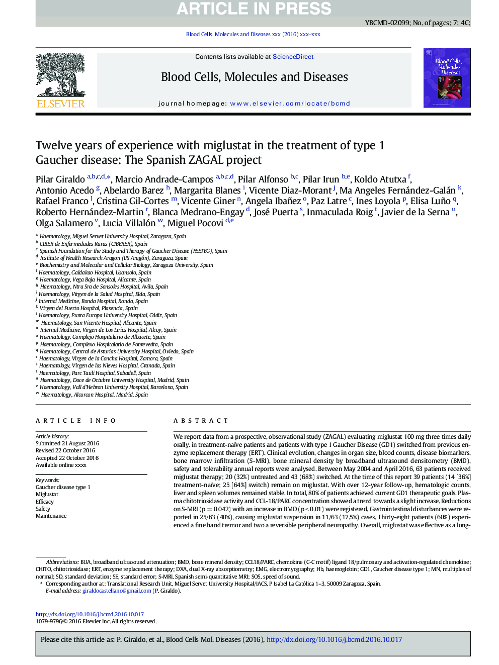 Twelve years of experience with miglustat in the treatment of type 1 Gaucher disease: The Spanish ZAGAL project