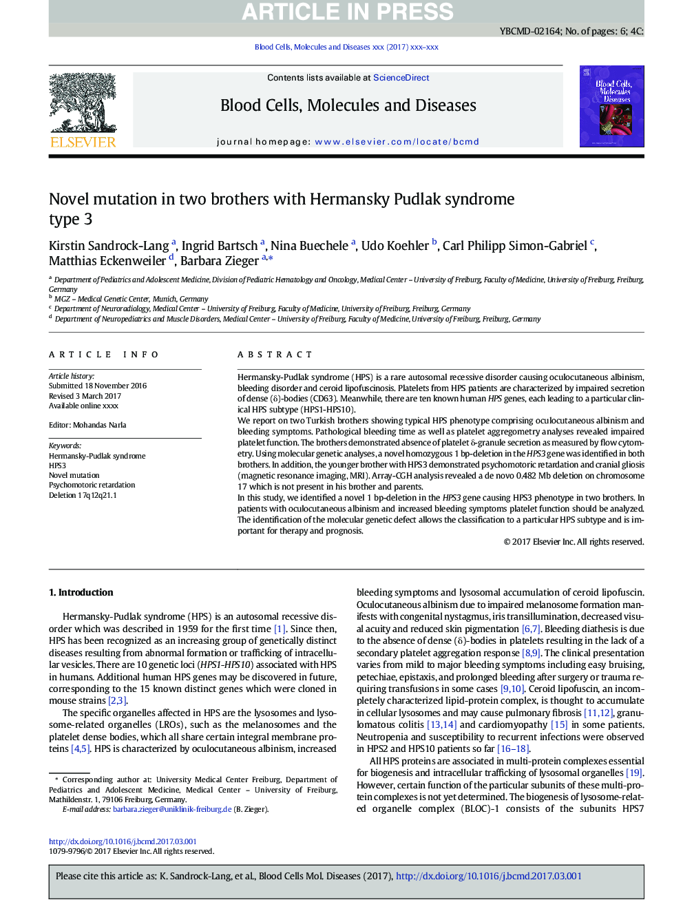 Novel mutation in two brothers with Hermansky Pudlak syndrome type 3