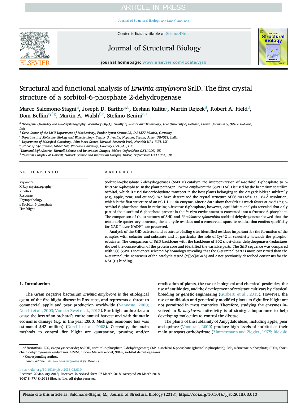 Structural and functional analysis of Erwinia amylovora SrlD. The first crystal structure of a sorbitol-6-phosphate 2-dehydrogenase