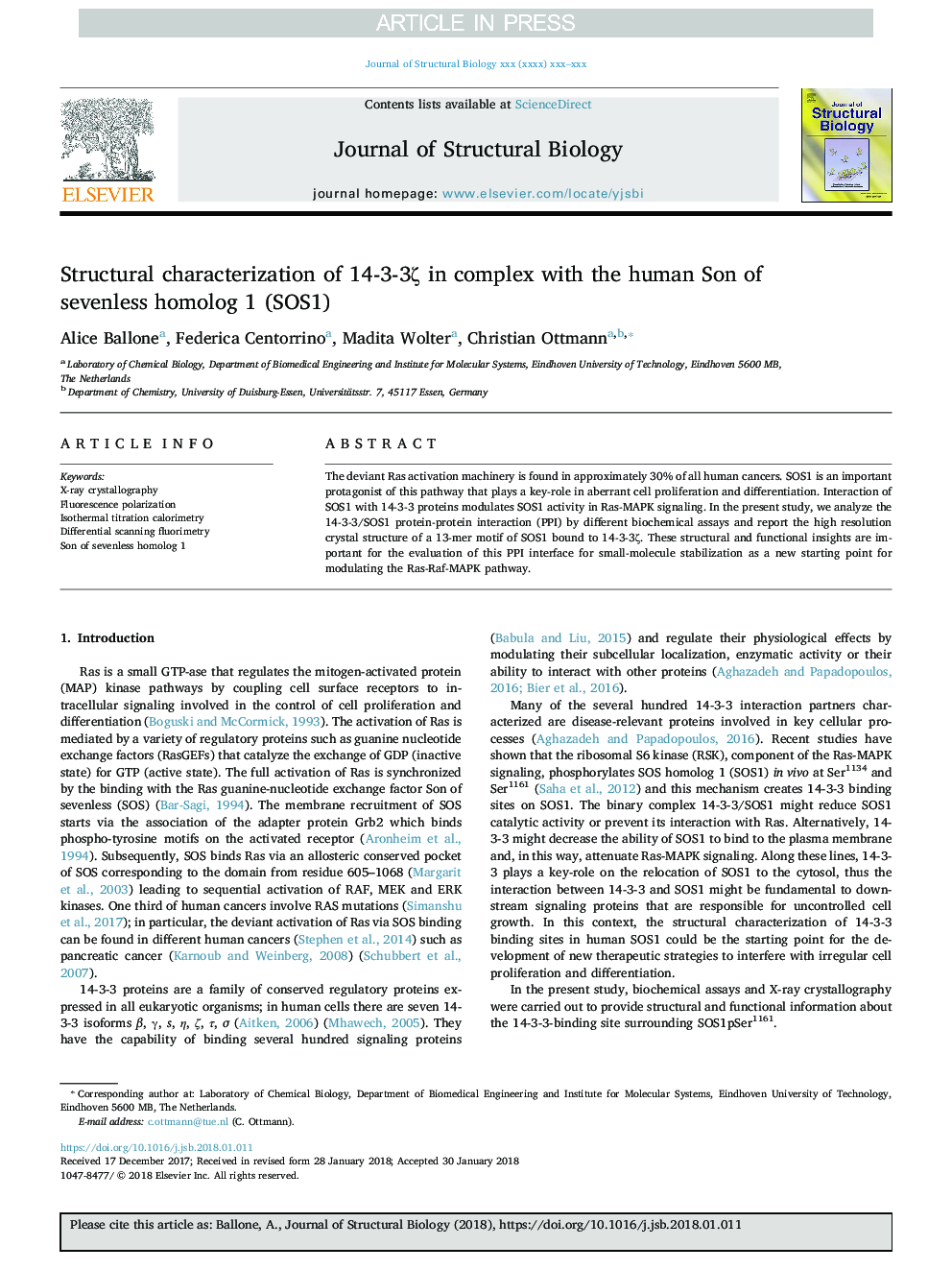 Structural characterization of 14-3-3Î¶ in complex with the human Son of sevenless homolog 1 (SOS1)