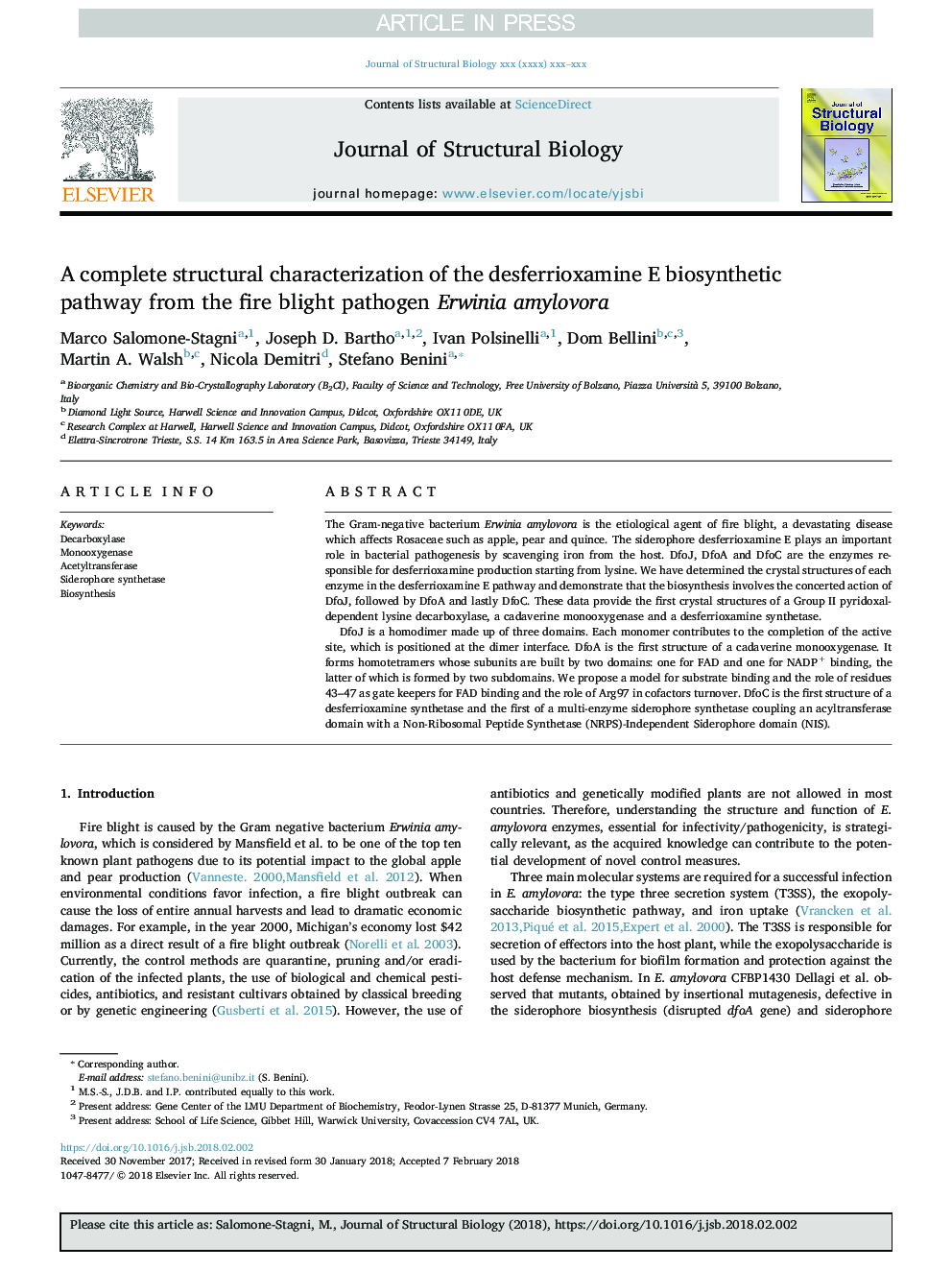 A complete structural characterization of the desferrioxamine E biosynthetic pathway from the fire blight pathogen Erwinia amylovora