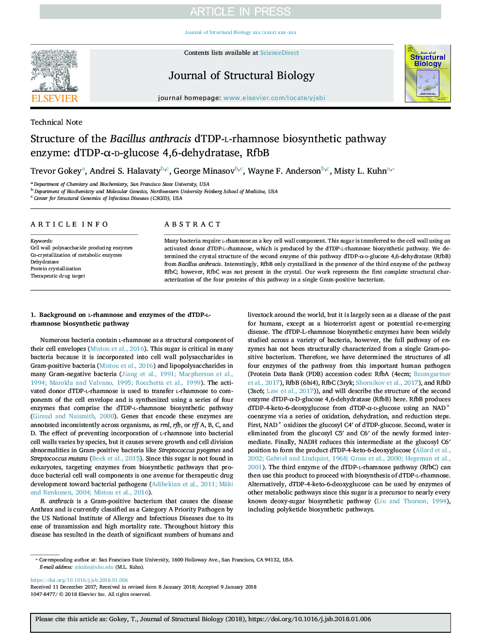 Structure of the Bacillus anthracis dTDP-l-rhamnose biosynthetic pathway enzyme: dTDP-Î±-d-glucose 4,6-dehydratase, RfbB