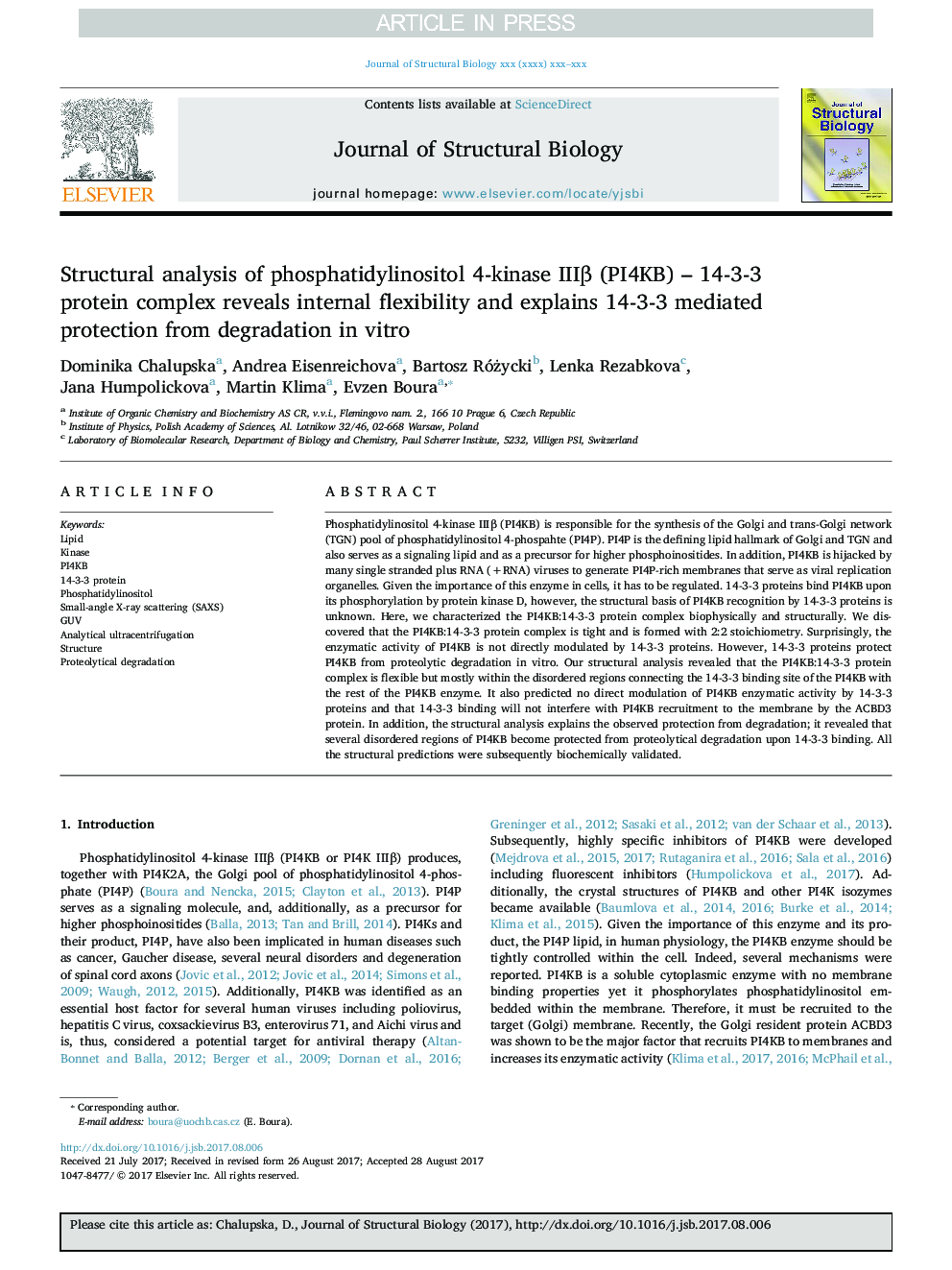 Structural analysis of phosphatidylinositol 4-kinase IIIÎ² (PI4KB) - 14-3-3 protein complex reveals internal flexibility and explains 14-3-3 mediated protection from degradation in vitro