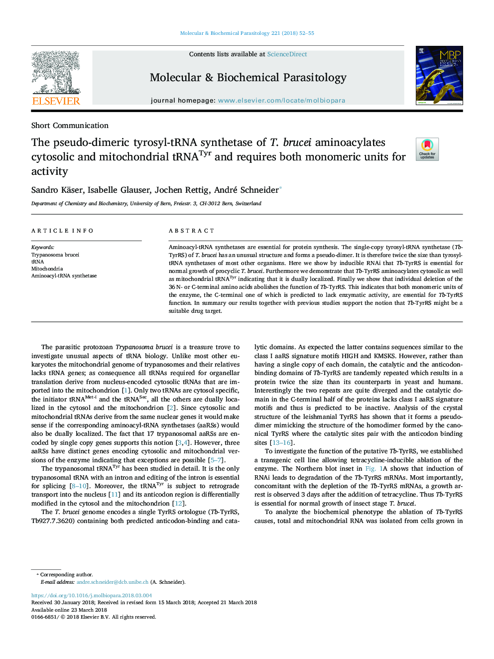 The pseudo-dimeric tyrosyl-tRNA synthetase of T. brucei aminoacylates cytosolic and mitochondrial tRNATyr and requires both monomeric units for activity