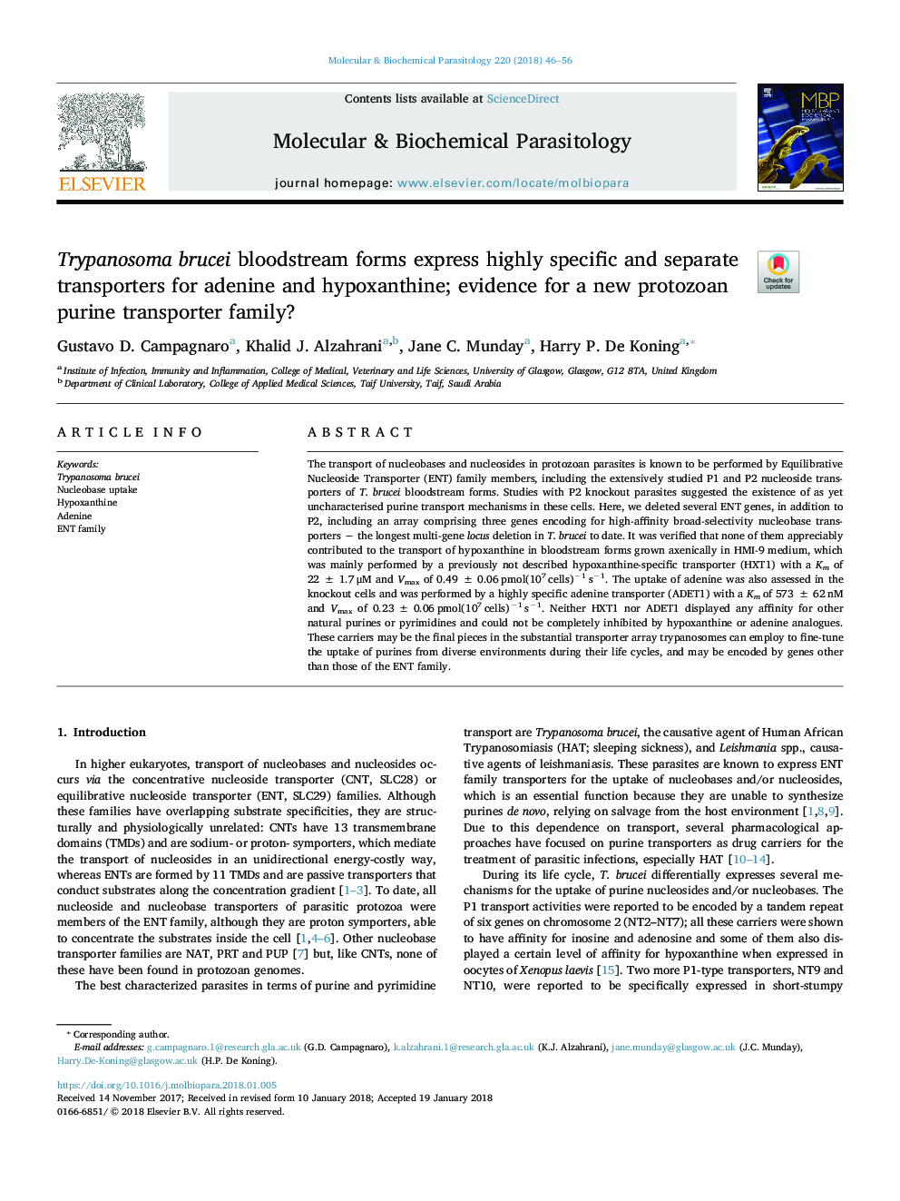 Trypanosoma brucei bloodstream forms express highly specific and separate transporters for adenine and hypoxanthine; evidence for a new protozoan purine transporter family?