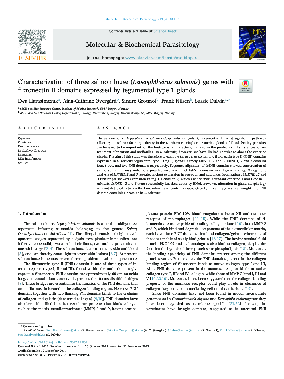 Characterization of three salmon louse (Lepeophtheirus salmonis) genes with fibronectin II domains expressed by tegumental type 1 glands