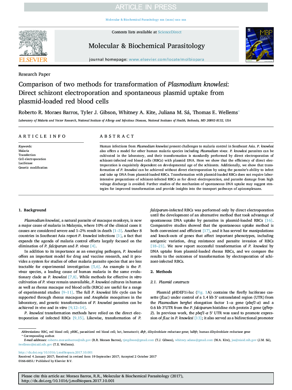 Comparison of two methods for transformation of Plasmodium knowlesi: Direct schizont electroporation and spontaneous plasmid uptake from plasmid-loaded red blood cells