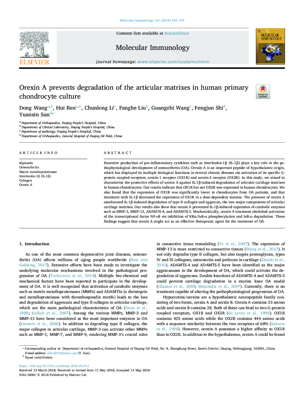 Orexin A prevents degradation of the articular matrixes in human primary chondrocyte culture