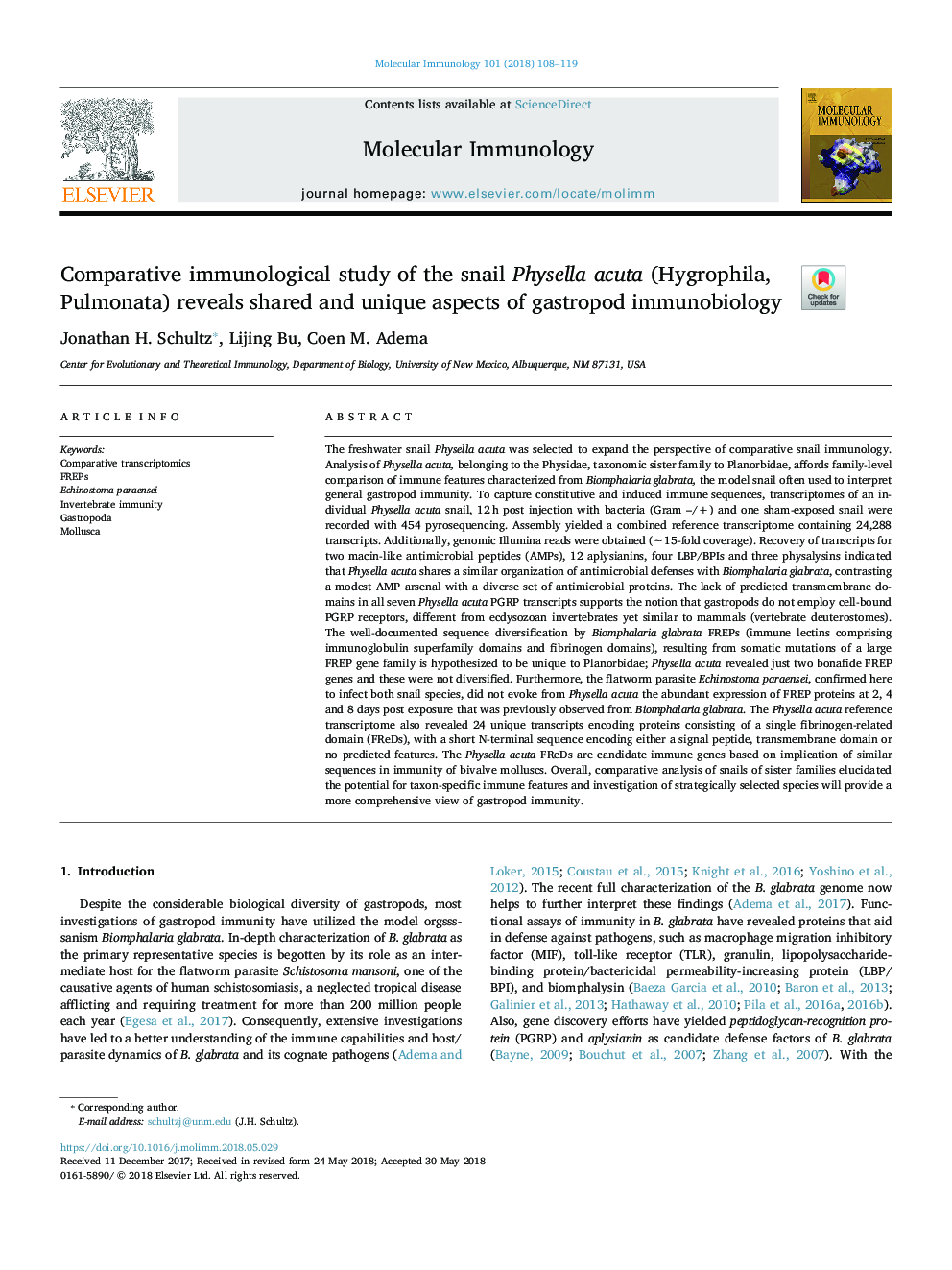 Comparative immunological study of the snail Physella acuta (Hygrophila, Pulmonata) reveals shared and unique aspects of gastropod immunobiology