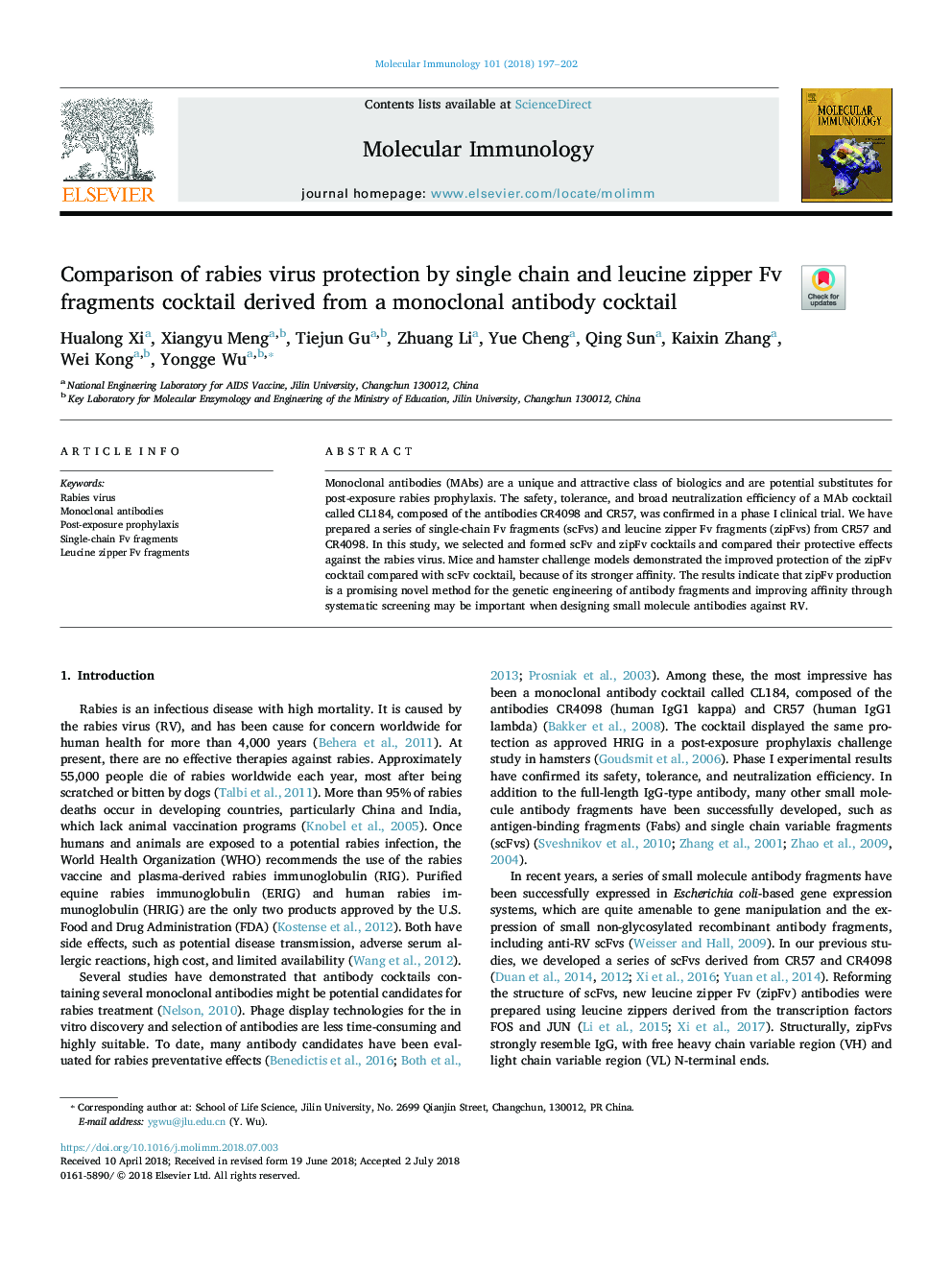 Comparison of rabies virus protection by single chain and leucine zipper Fv fragments cocktail derived from a monoclonal antibody cocktail