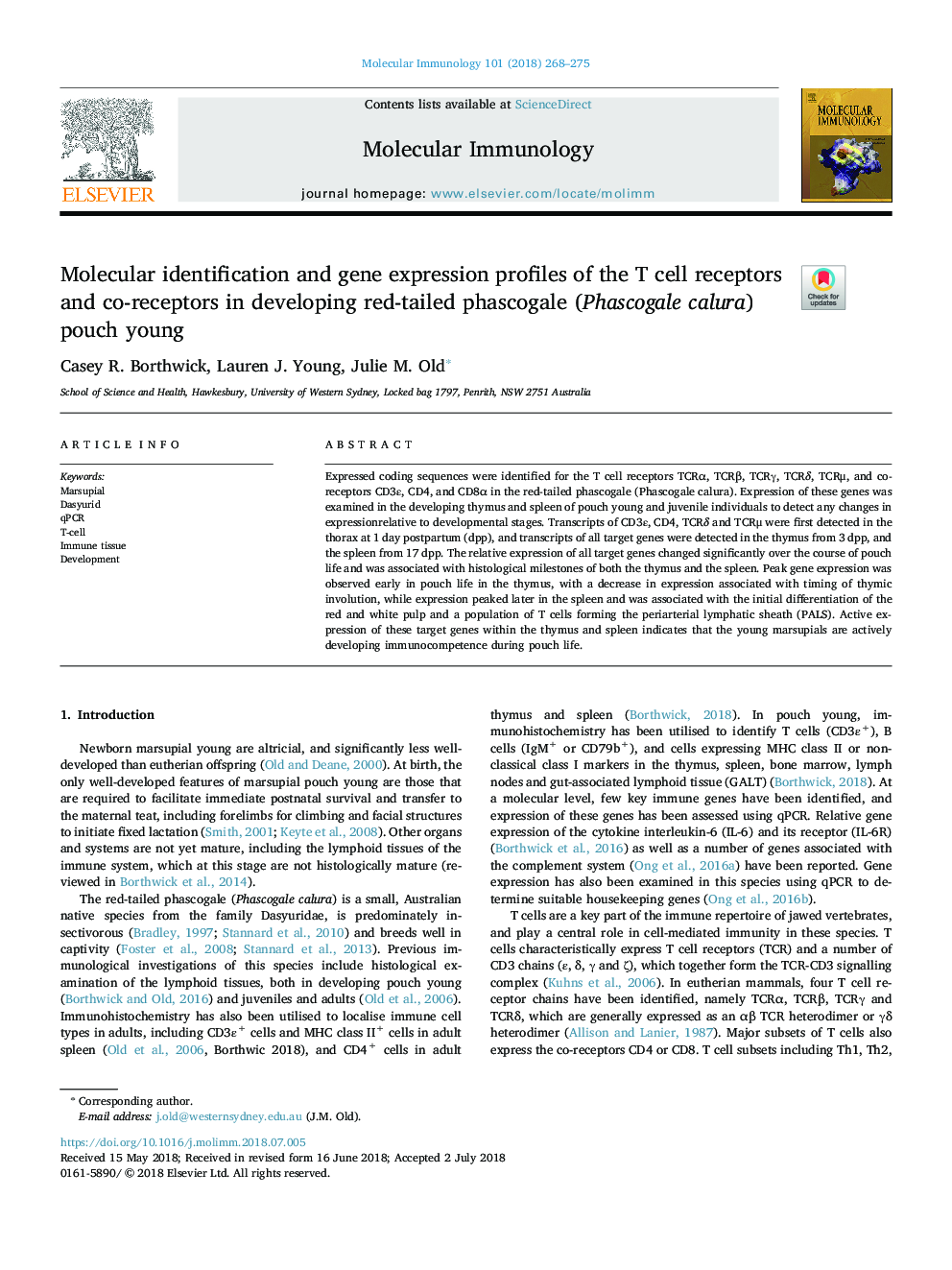 Molecular identification and gene expression profiles of the T cell receptors and co-receptors in developing red-tailed phascogale (Phascogale calura) pouch young