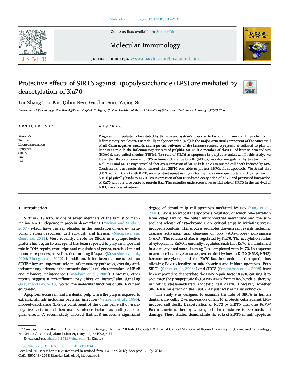 Protective effects of SIRT6 against lipopolysaccharide (LPS) are mediated by deacetylation of Ku70