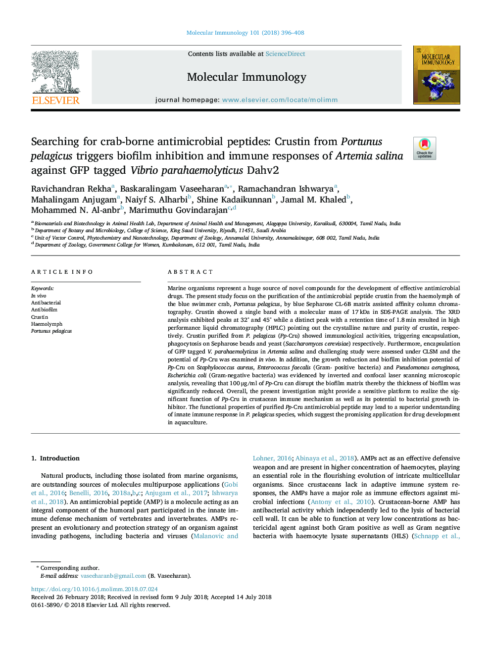 عکس صفحه اول مقاله: Searching for crab-borne antimicrobial peptides: Crustin from Portunus pelagicus triggers biofilm inhibition and immune responses of Artemia salina against GFP tagged Vibrio parahaemolyticus Dahv2 Searching for crab-borne antimicrobial peptides: Crustin from Portunus pelagicus triggers biofilm inhibition and immune responses of Artemia salina against GFP tagged Vibrio parahaemolyticus Dahv2