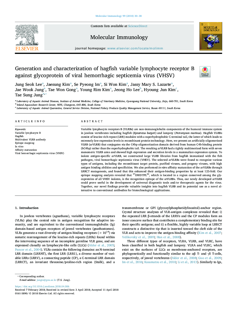 Generation and characterization of hagfish variable lymphocyte receptor B against glycoprotein of viral hemorrhagic septicemia virus (VHSV)