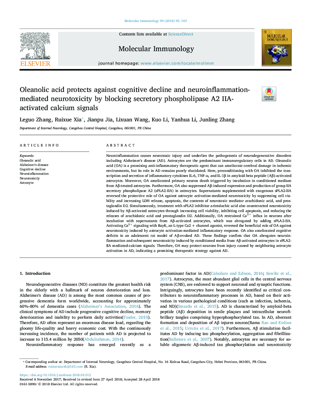 Oleanolic acid protects against cognitive decline and neuroinflammation-mediated neurotoxicity by blocking secretory phospholipase A2 IIA-activated calcium signals