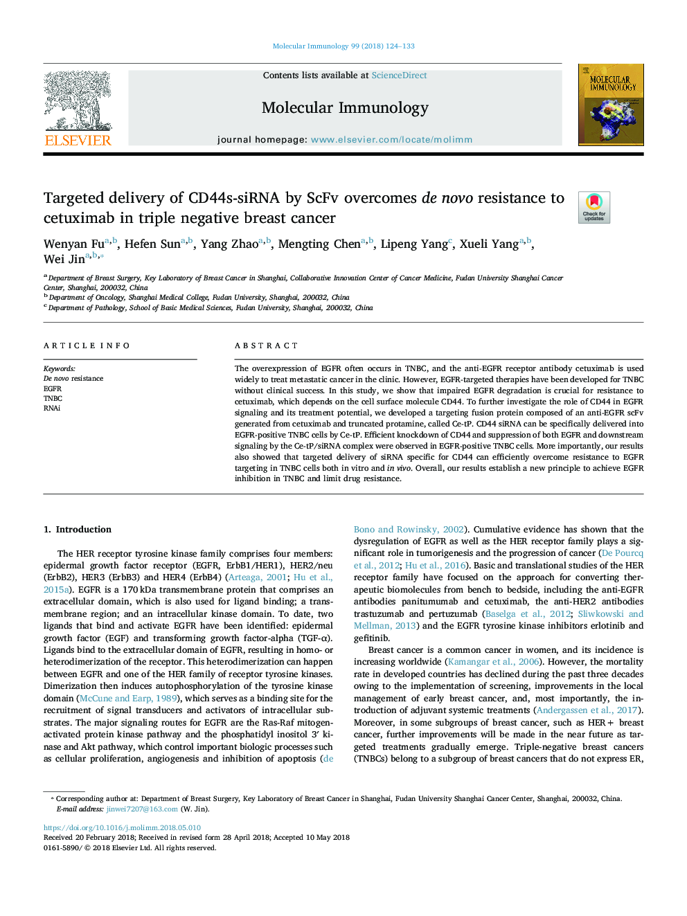 Targeted delivery of CD44s-siRNA by ScFv overcomes de novo resistance to cetuximab in triple negative breast cancer