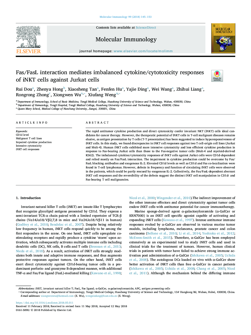 Fas/FasL interaction mediates imbalanced cytokine/cytotoxicity responses of iNKT cells against Jurkat cells