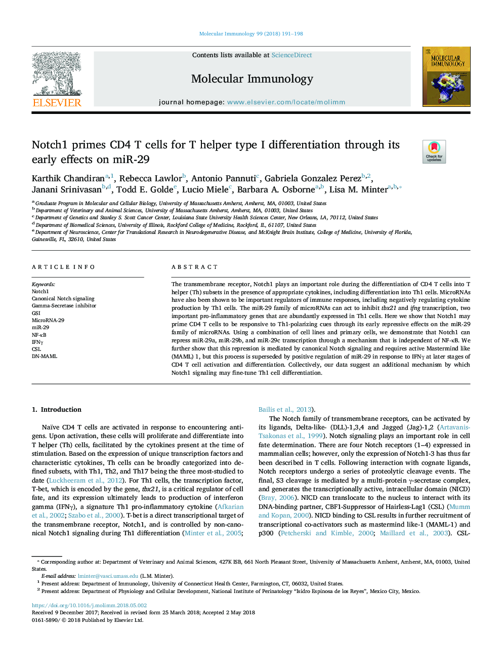 Notch1 primes CD4 T cells for T helper type I differentiation through its early effects on miR-29