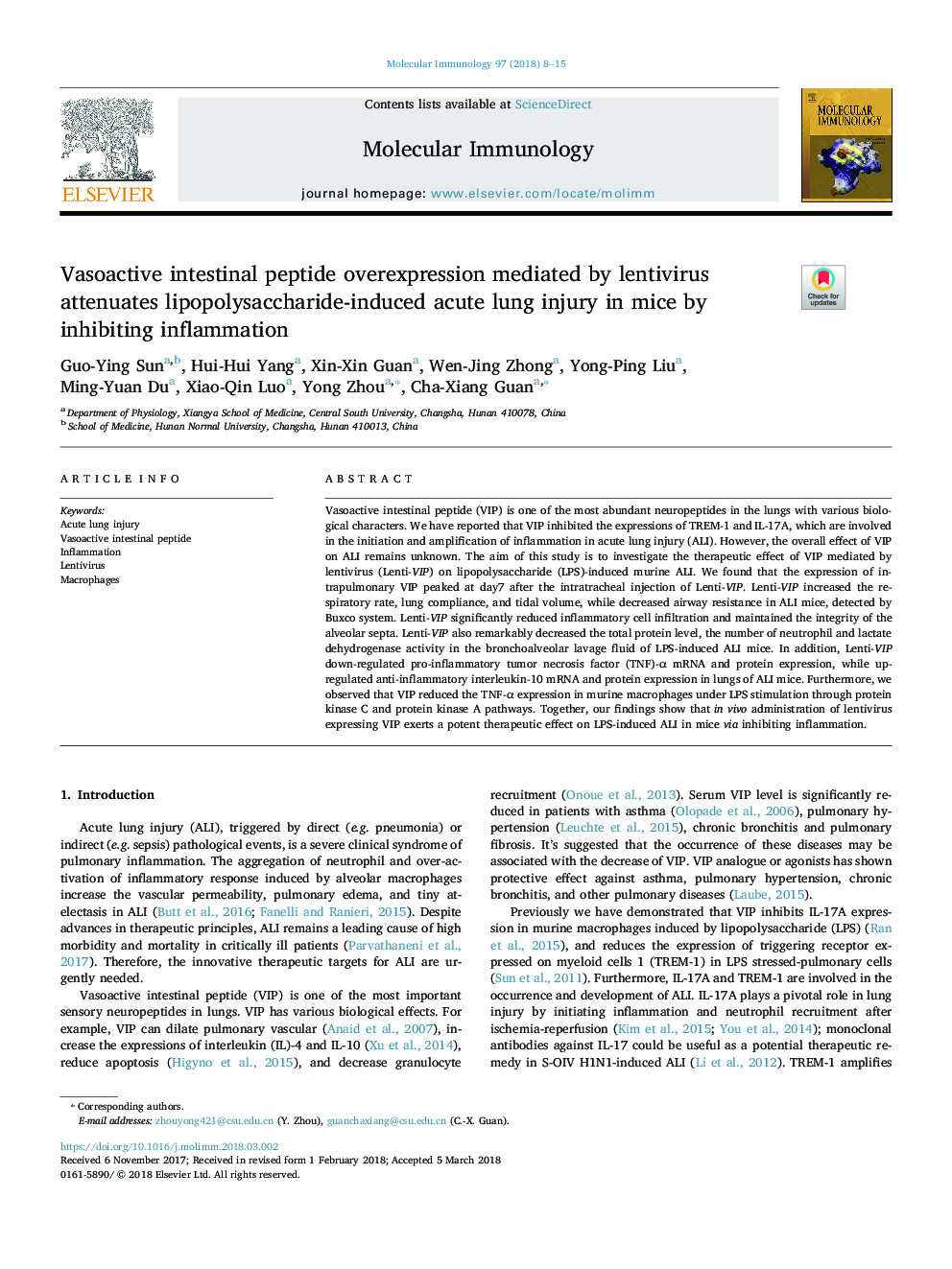 Vasoactive intestinal peptide overexpression mediated by lentivirus attenuates lipopolysaccharide-induced acute lung injury in mice by inhibiting inflammation