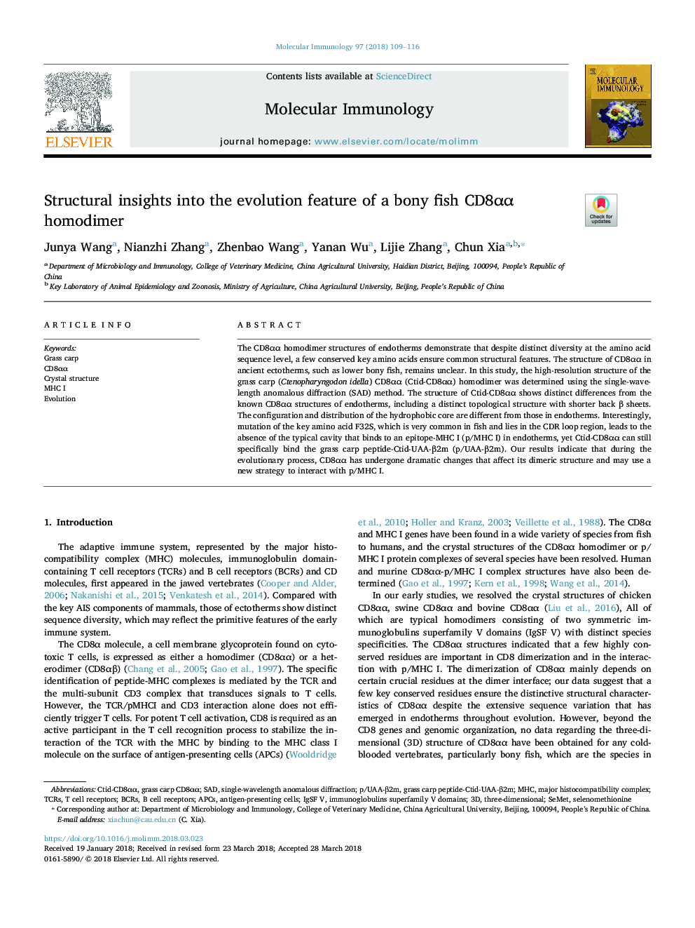 Structural insights into the evolution feature of a bony fish CD8Î±Î± homodimer