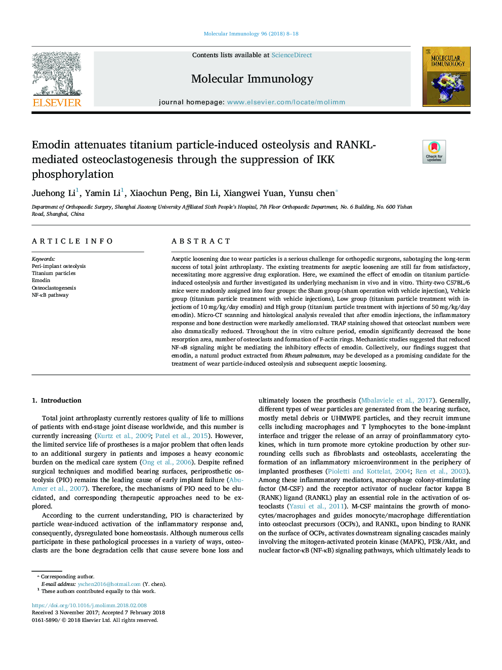 Emodin attenuates titanium particle-induced osteolysis and RANKL-mediated osteoclastogenesis through the suppression of IKK phosphorylation