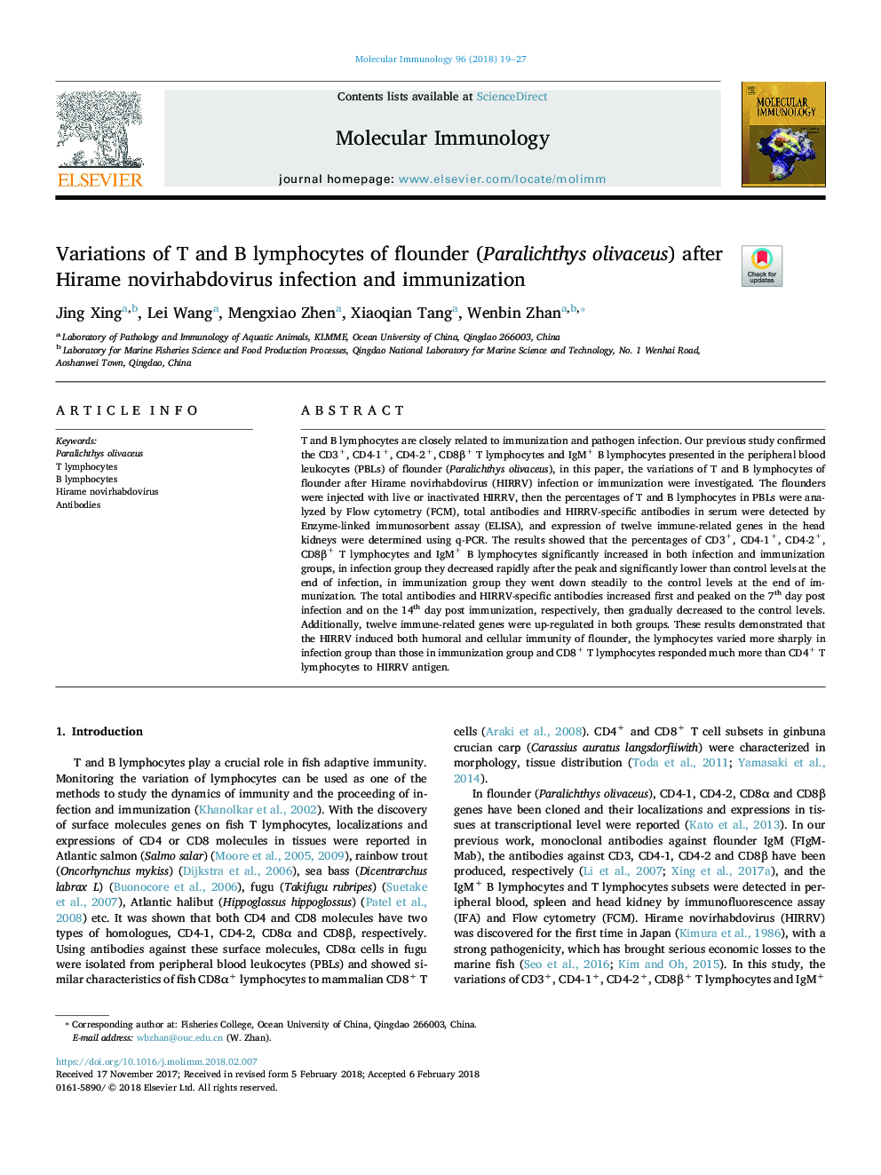 Variations of T and B lymphocytes of flounder (Paralichthys olivaceus) after Hirame novirhabdovirus infection and immunization