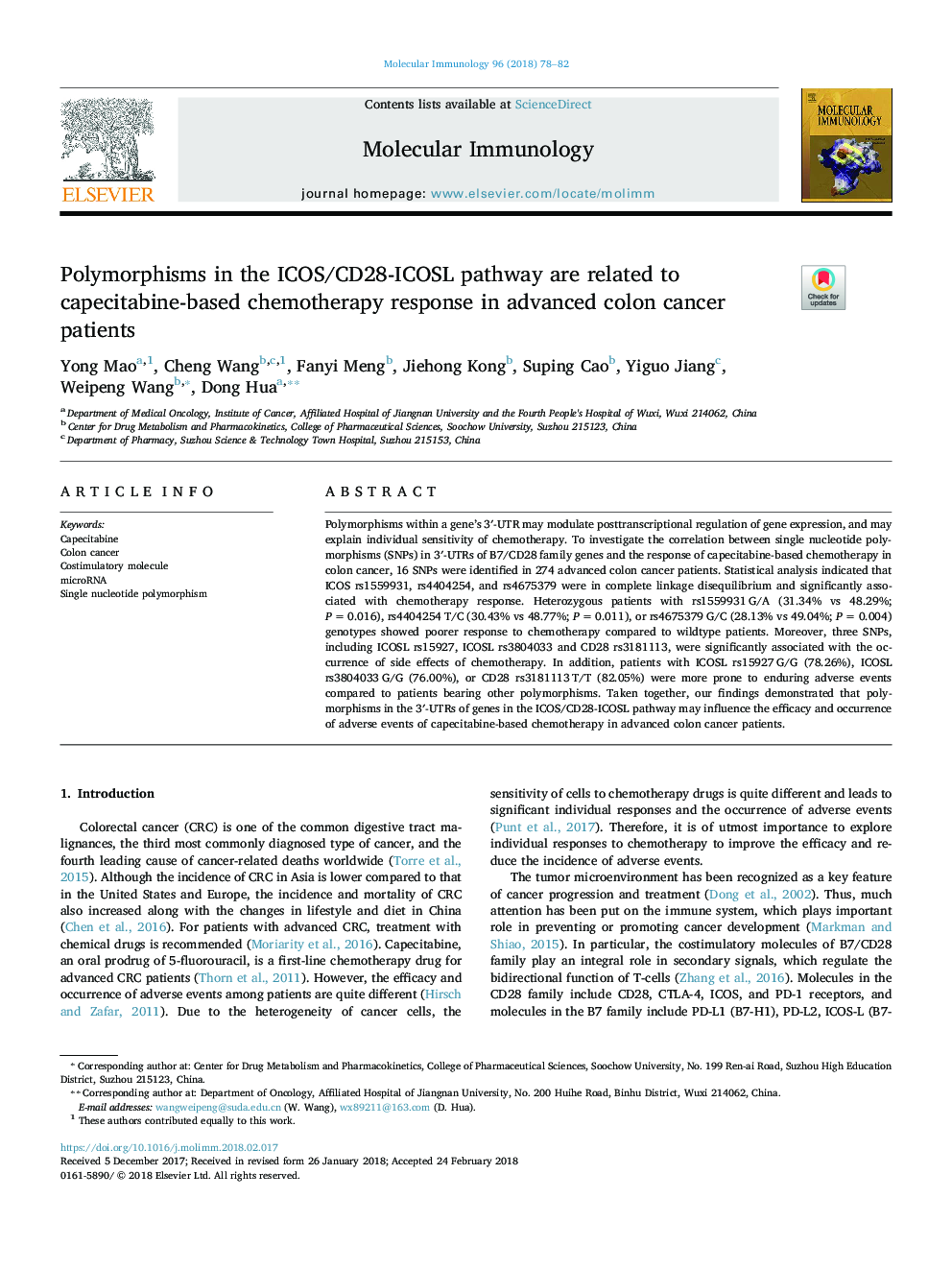 Polymorphisms in the ICOS/CD28-ICOSL pathway are related to capecitabine-based chemotherapy response in advanced colon cancer patients