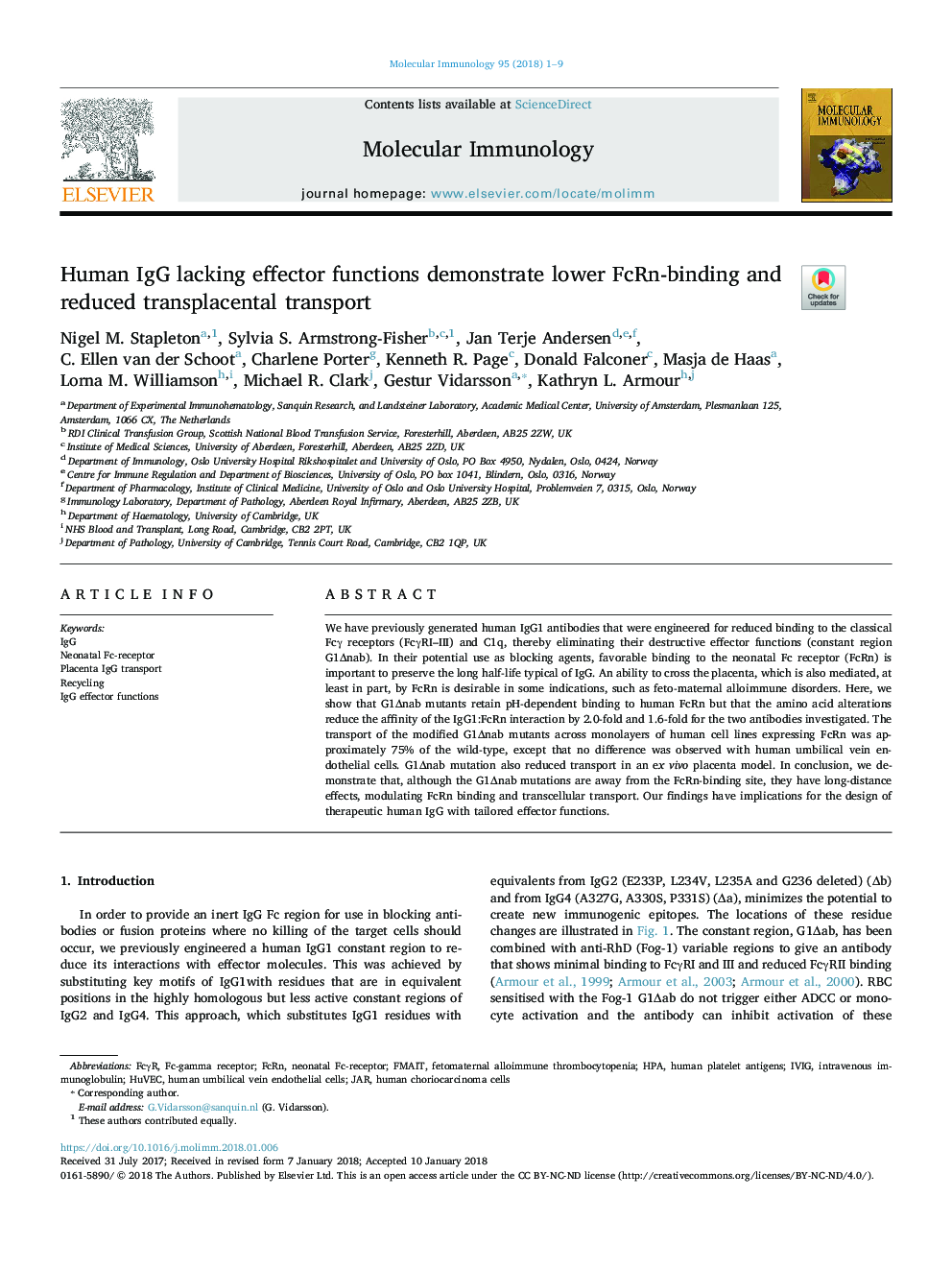 Human IgG lacking effector functions demonstrate lower FcRn-binding and reduced transplacental transport