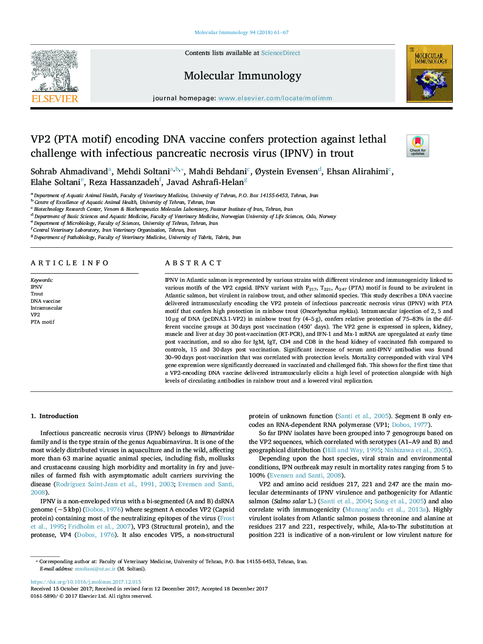 VP2 (PTA motif) encoding DNA vaccine confers protection against lethal challenge with infectious pancreatic necrosis virus (IPNV) in trout