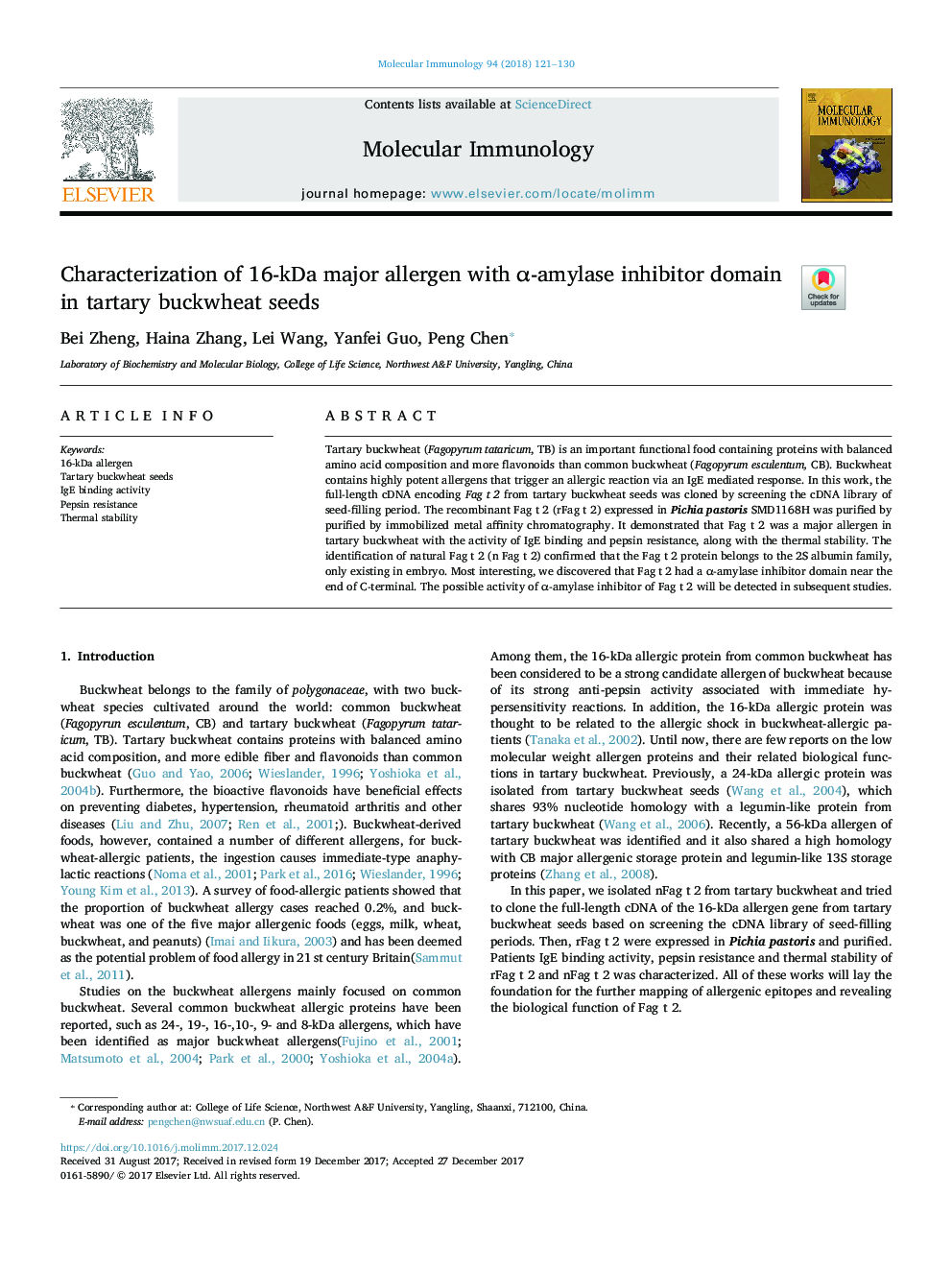Characterization of 16-kDa major allergen with Î±-amylase inhibitor domain in tartary buckwheat seeds