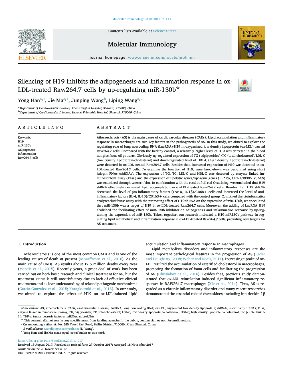 Silencing of H19 inhibits the adipogenesis and inflammation response in ox-LDL-treated Raw264.7 cells by up-regulating miR-130b