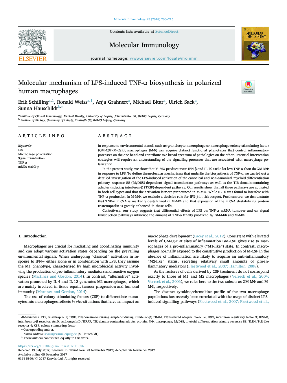 Molecular mechanism of LPS-induced TNF-Î± biosynthesis in polarized human macrophages