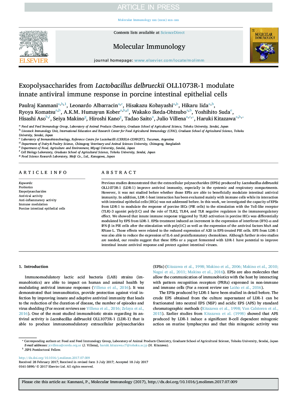 Exopolysaccharides from Lactobacillus delbrueckii OLL1073R-1 modulate innate antiviral immune response in porcine intestinal epithelial cells