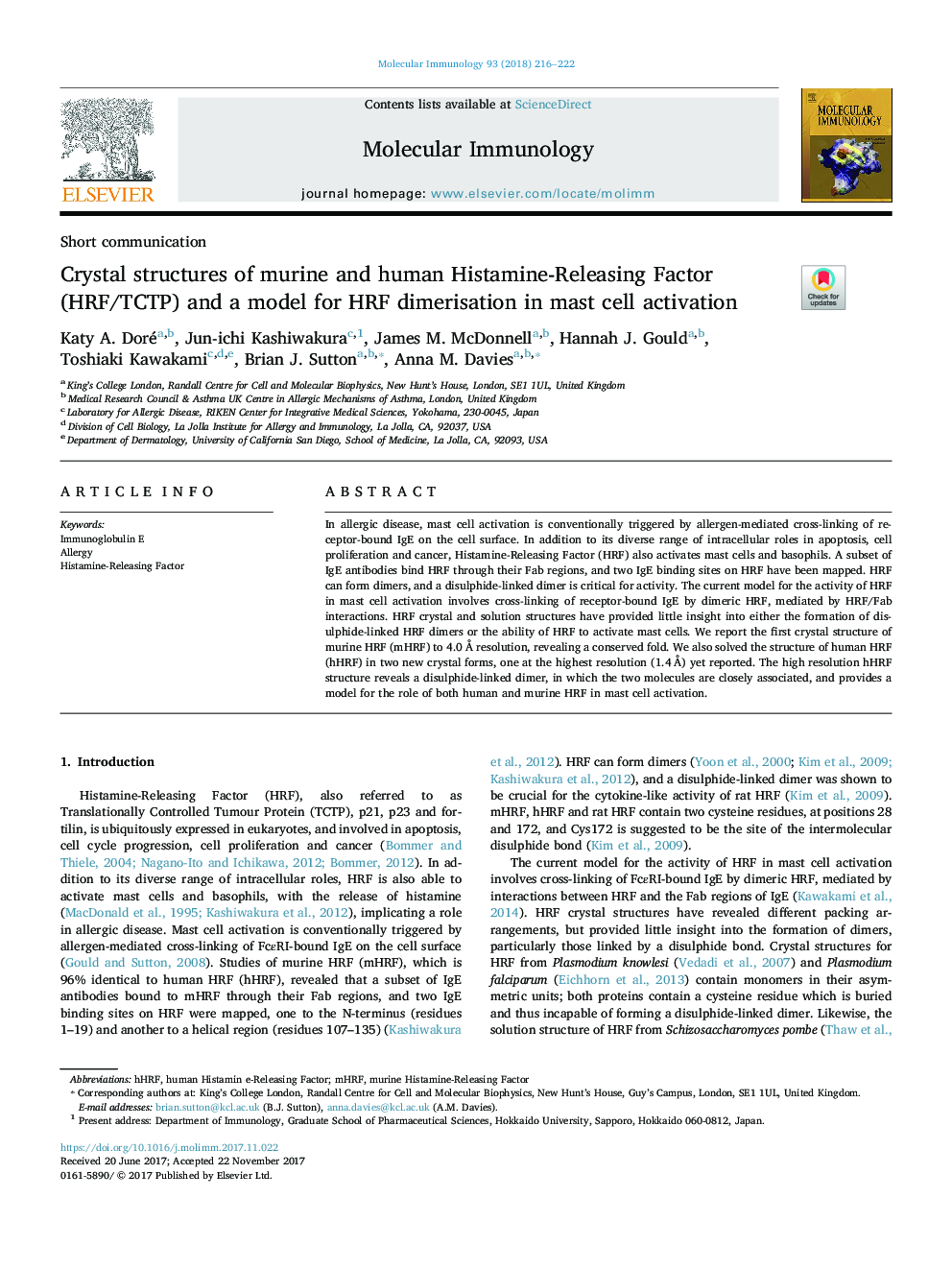 Crystal structures of murine and human Histamine-Releasing Factor (HRF/TCTP) and a model for HRF dimerisation in mast cell activation