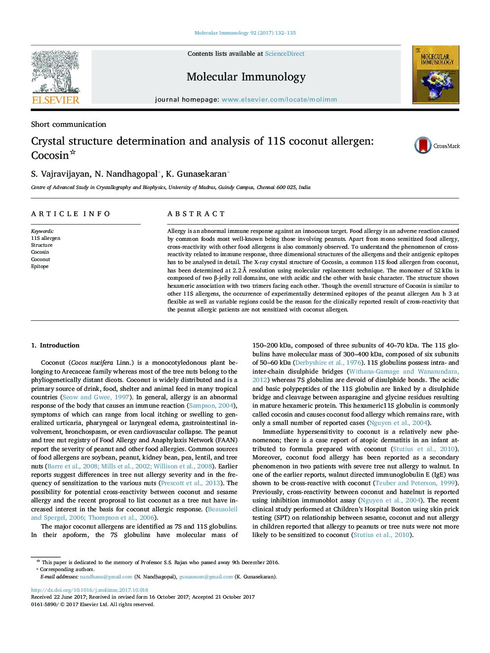 Crystal structure determination and analysis of 11S coconut allergen: Cocosin