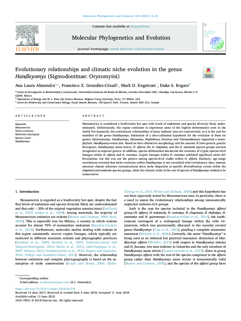 Evolutionary relationships and climatic niche evolution in the genus Handleyomys (Sigmodontinae: Oryzomyini)